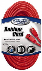 Southwire - 100', 14/3 Gauge/Conductors, Red Indoor & Outdoor Extension Cord - 1 Receptacle, 13 Amps, 125 VAC, UL SJTW, NEMA 5-15P, 5-15R - A1 Tooling