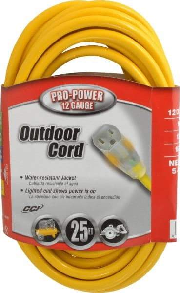 Southwire - 25', 12/3 Gauge/Conductors, Yellow Indoor & Outdoor Extension Cord - 1 Receptacle, 15 Amps, 125 VAC, UL SJTW, NEMA 5-15P, 5-15R - A1 Tooling