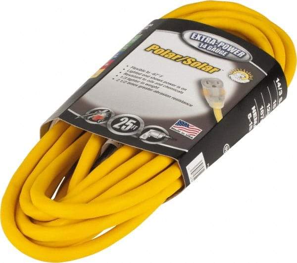 Southwire - 25', 14/3 Gauge/Conductors, Yellow Outdoor Extension Cord - 1 Receptacle, 15 Amps, 125 VAC, UL SJEOOW, NEMA 5-15P, 5-15R - A1 Tooling