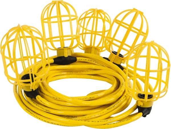 Value Collection - 5 Socket, 4 Conductor, 125 VAC, 15 Amp, Temporary String Light - 50' SJTW-A Cord, Yellow, Plastic, Includes Lamp Guard - A1 Tooling