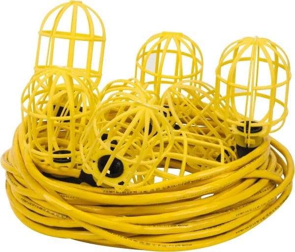 Value Collection - 10 Socket, 4 Conductor, 125 VAC, 15 Amp, Temporary String Light - 100' SJTW-A Cord, Yellow, Plastic, Includes Lamp Guard - A1 Tooling