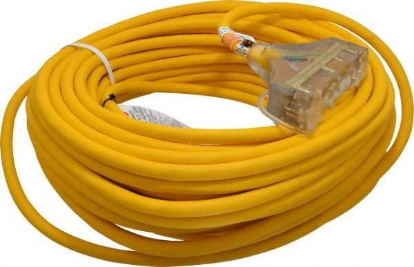 Southwire - 100', 12/3 Gauge/Conductors, Yellow Outdoor Extension Cord - 1 Receptacle, 15 Amps, 125 VAC, UL SJEOOW, NEMA 5-15P, 5-15R x 3 - A1 Tooling