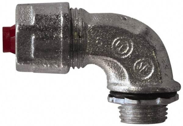 O-Z/Gedney - 1 to 1-3/8" Cable Capacity, Liquidtight, Elbow Strain Relief Cord Grip - 1-1/4 NPT Thread, 2-7/8" Long, Iron - A1 Tooling