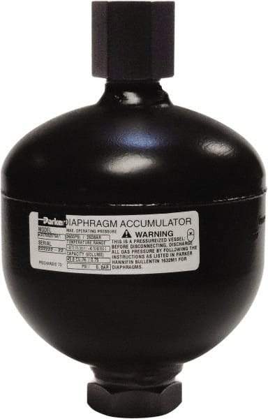 Parker - 10 Lb. Capacity, 3,620 psi Max Working Pressure, 4.69" High, Hydrin Diaphragm Accumulator - 2.95" Diam, 6 SAE Port Thread - A1 Tooling