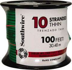 Southwire - THHN/THWN, 10 AWG, 30 Amp, 100' Long, Stranded Core, 19 Strand Building Wire - Green, Thermoplastic Insulation - A1 Tooling