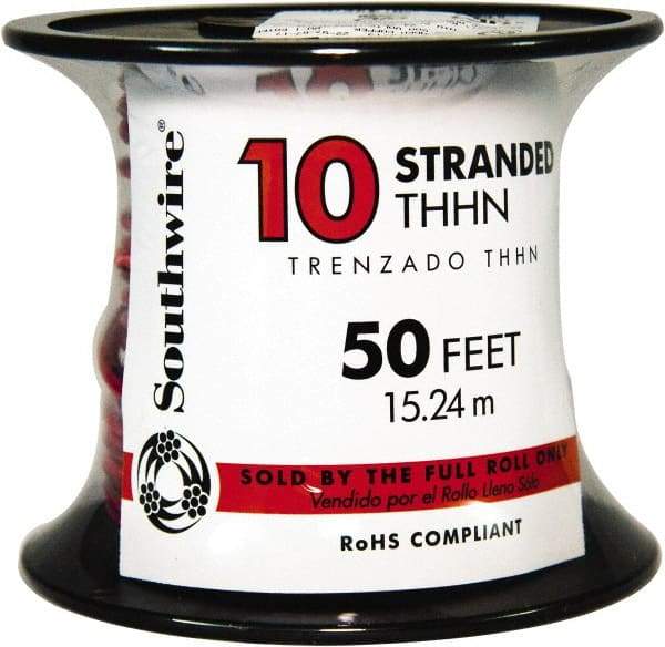 Southwire - THHN/THWN, 10 AWG, 30 Amp, 50' Long, Stranded Core, 19 Strand Building Wire - Red, Thermoplastic Insulation - A1 Tooling