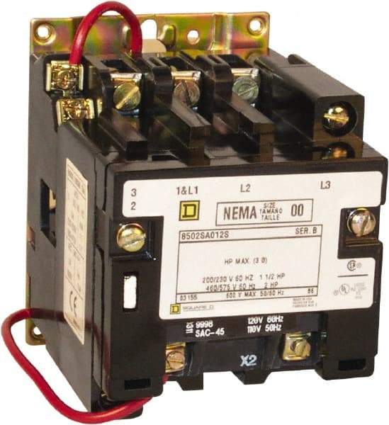 Square D - 3 Pole, 550 Coil VAC at 50 Hz and 600 Coil VAC at 60 Hz, 9 Amp NEMA Contactor - Open Enclosure, 50 Hz at 550 Hz VAC and 60 Hz at 600 VAC - A1 Tooling