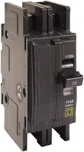 Square D - 20 Amp, 120/240 VAC, 2 Pole, DIN Rail Mounted, Flush Mount, Surface Mount Miniature Circuit Breaker - Thermal Magnetic Trip, 10 kA at 120/240 VAC Breaking Capacity, 14-2 (Aluminum), 14-2 (Copper) AWG, 74mm Deep x 103mm High x 19mm Wide - A1 Tooling