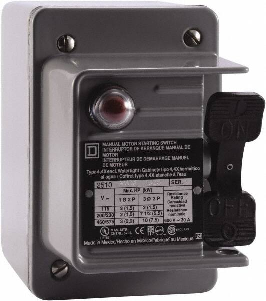 Square D - 3 Poles, 30 Amp, NEMA, Enclosed Toggle Manual Motor Starter - 1 hp at 90 VDC, 10 hp at 460 VAC, 10 hp at 575 VAC, 1-1/2 hp at 230 VDC, 2 hp at 115 VAC, 2 hp at 115 VDC & 7-1/2 hp at 230 VAC, CE, CSA, NEMA 4 & UL Listed - A1 Tooling