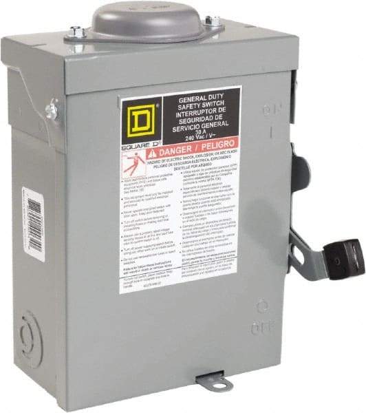 Square D - 30 Amp, 240 VAC, 2 Pole Nonfused Safety Switch - NEMA 3R, 1 & 3 Phase, 10 hp at 240 VAC (Single Phase), 15 hp at 240 VAC (Triple Phase) - A1 Tooling