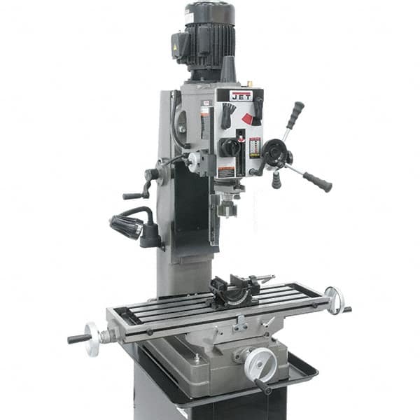 Jet - 1 Phase, 19-11/16" Swing, Geared Head Mill Drill Combination - 32-1/4" Table Length x 9-1/2" Table Width, 20-1/2" Longitudinal Travel, 8-1/4" Cross Travel, 6 Spindle Speeds, 1.5 hp, 115/230 Volts - A1 Tooling