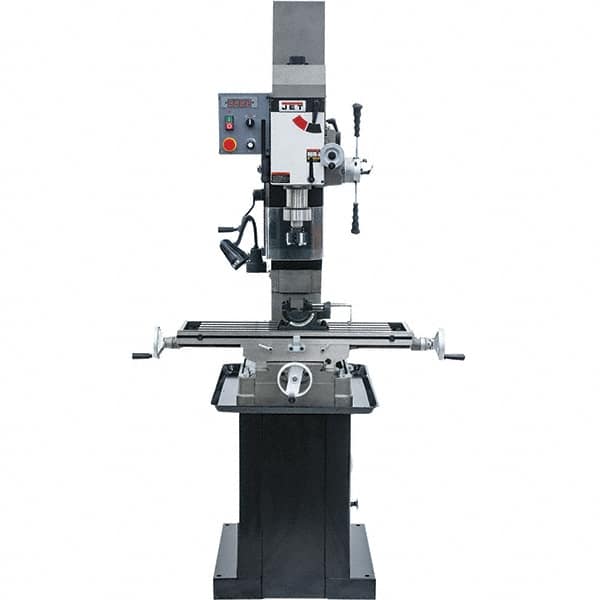 Jet - 1 Phase, 19-11/16" Swing, Geared Head Mill Drill Combination - 32-1/4" Table Length x 9-1/2" Table Width, 20-1/2" Longitudinal Travel, 8-1/4" Cross Travel, Variable Spindle Speeds, 1.5 hp, 115/230 Volts - A1 Tooling