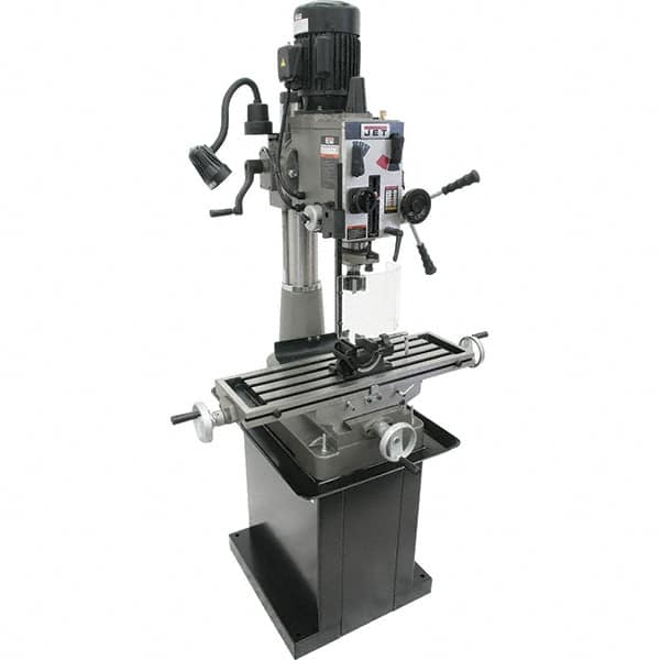 Jet - 1 Phase, 20-1/2" Swing, Geared Head Mill Drill Combination - 32-1/4" Table Length x 9-1/2" Table Width, 20-1/2" Longitudinal Travel, 8-1/4" Cross Travel, 6 Spindle Speeds, 1.5 hp, 115/230 Volts - A1 Tooling