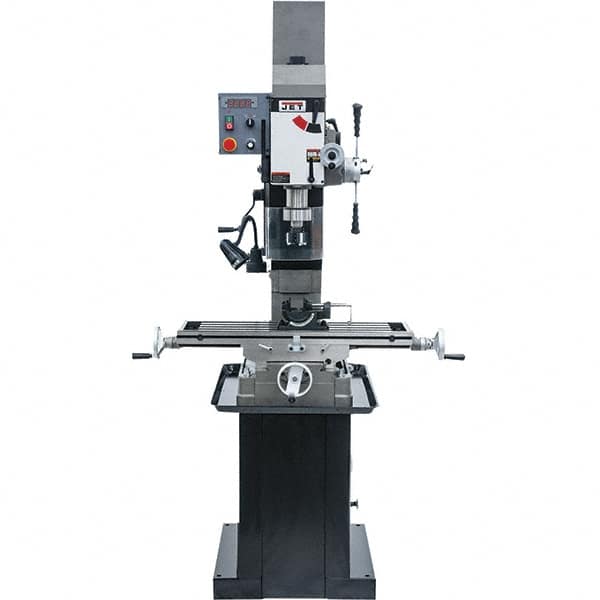 Jet - 3 Phase, 19-11/16" Swing, Geared Head Mill Drill Combination - 32-1/4" Table Length x 9-1/2" Table Width, 20-1/2" Longitudinal Travel, 8-1/4" Cross Travel, Variable Spindle Speeds, 1.5 hp, 230 Volts - A1 Tooling