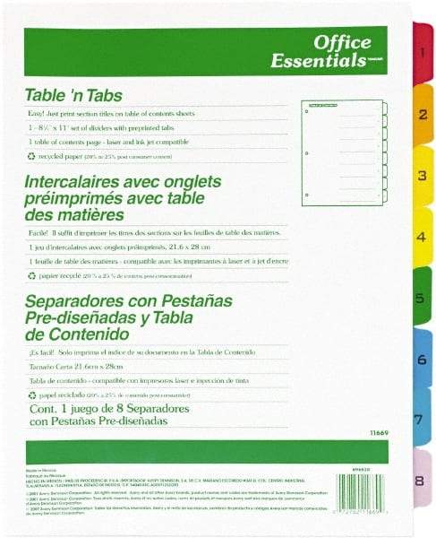 Office Essentials - 11 x 8 1/2" 1 to 8" Label, 8 Tabs, 3-Hole Punched, Preprinted Divider - Multicolor Tabs, White Folder - A1 Tooling