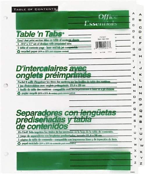 Office Essentials - 11 x 8 1/2" A to Z Label, 26 Tabs, 3-Hole Punched, Preprinted Divider - White - A1 Tooling