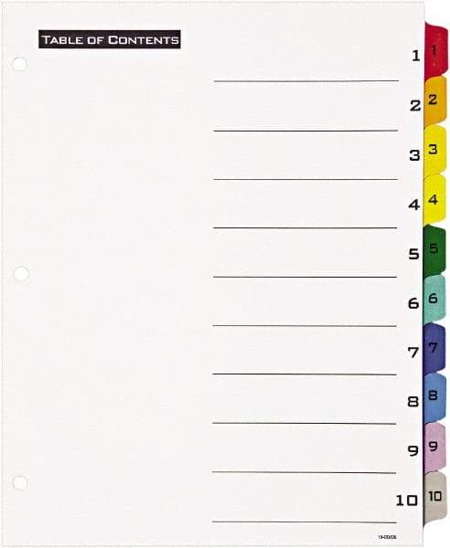 Office Essentials - 11 x 8 1/2" 1 to 10" Label, 10 Tabs, 3-Hole Punched, Preprinted Divider - Multicolor Tabs, White Folder - A1 Tooling