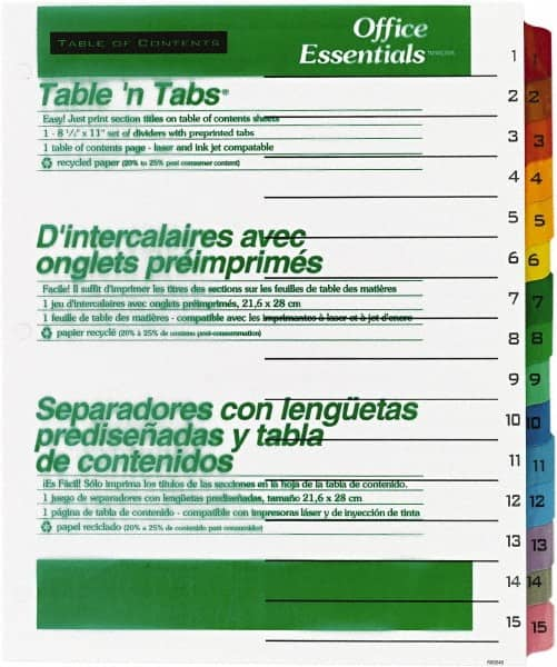 Office Essentials - 11 x 8 1/2" 1 to 15" Label, 15 Tabs, 3-Hole Punched, Preprinted Divider - Multicolor Tabs, White Folder - A1 Tooling