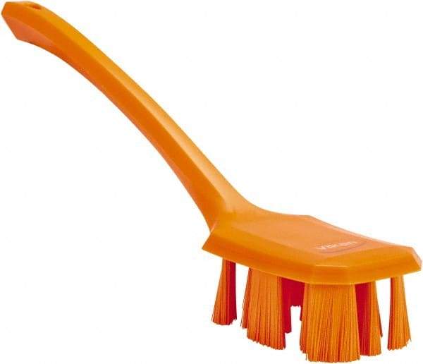 Vikan - 2-3/4" Bristle Length, Polyester Scrub Brush - 12" Long x 2-7/8" Wide Head, 15-1/2" OAL, Long Handle, Orange, Polypropylene Block - A1 Tooling