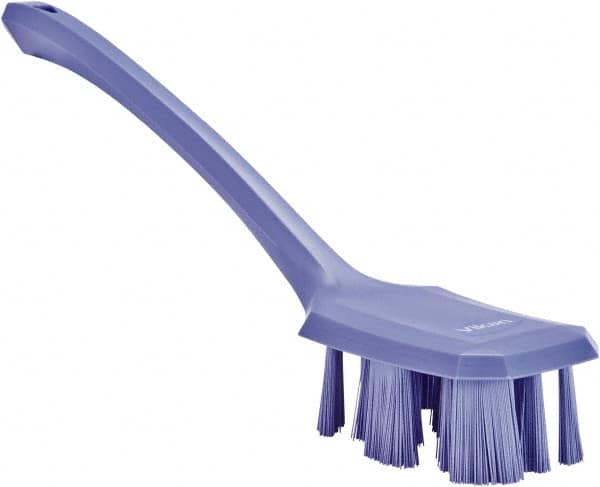 Vikan - 2-3/4" Bristle Length, Polyester Scrub Brush - 12" Long x 2-7/8" Wide Head, 15-1/2" OAL, Long Handle, Purple, Polypropylene Block - A1 Tooling