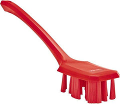 Vikan - 2-3/4" Bristle Length, Polyester Scrub Brush - 12" Long x 2-7/8" Wide Head, 15-1/2" OAL, Long Handle, Red, Polypropylene Block - A1 Tooling