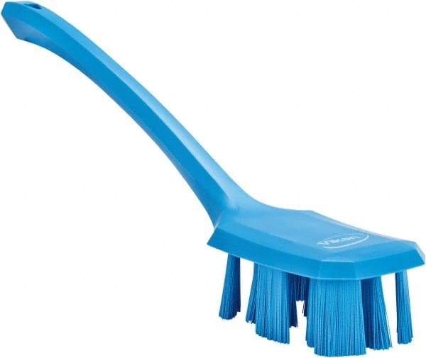 Vikan - 2-3/4" Bristle Length, Polyester Scrub Brush - 12" Long x 2-7/8" Wide Head, 15-1/2" OAL, Long Handle, Blue, Polypropylene Block - A1 Tooling