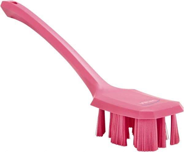 Vikan - 2-3/4" Bristle Length, Polyester Scrub Brush - 12" Long x 2-7/8" Wide Head, 15-1/2" OAL, Long Handle, Pink, Polypropylene Block - A1 Tooling