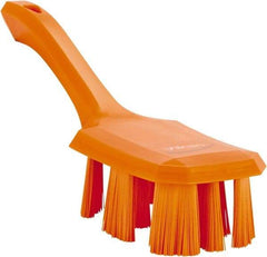 Vikan - 2-3/4" Bristle Length, Polyester Scrub Brush - 8" Long x 2-7/8" Wide Head, 10" OAL, Short Handle, Orange, Polypropylene Block - A1 Tooling