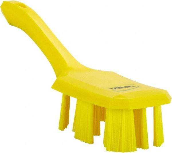 Vikan - 2-3/4" Bristle Length, Polyester Scrub Brush - 8" Long x 2-7/8" Wide Head, 10" OAL, Short Handle, Yellow, Polypropylene Block - A1 Tooling