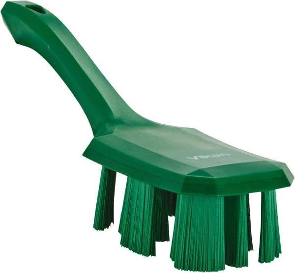 Vikan - 2-3/4" Bristle Length, Polyester Scrub Brush - 8" Long x 2-7/8" Wide Head, 10" OAL, Short Handle, Green, Polypropylene Block - A1 Tooling