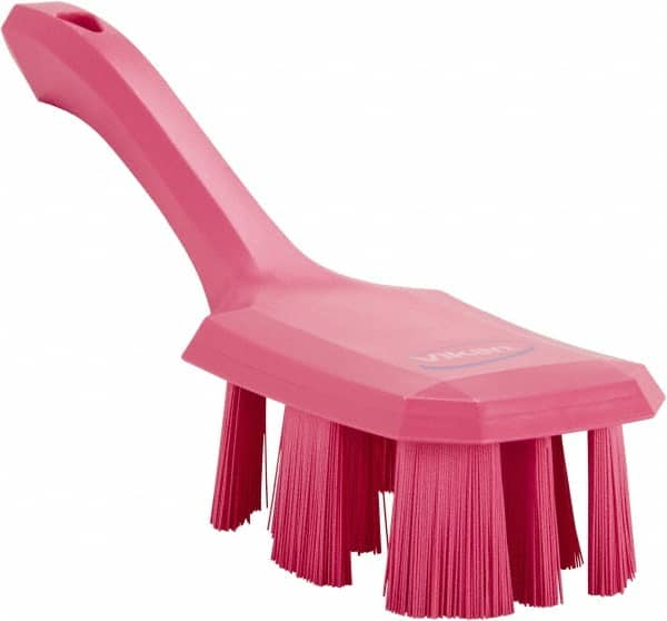 Vikan - 2-3/4" Bristle Length, Polyester Scrub Brush - 8" Long x 2-7/8" Wide Head, 10" OAL, Short Handle, Pink, Polypropylene Block - A1 Tooling