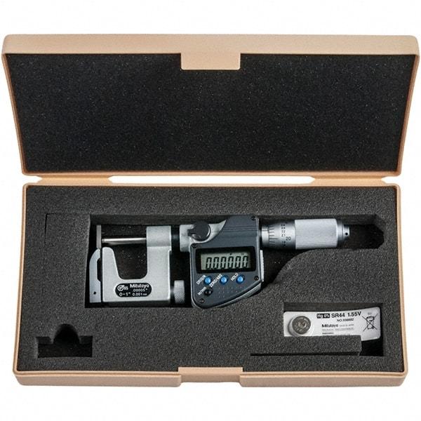 Mitutoyo - 0 to 1" Range, 0.00005" Resolution, Interchangeable Anvil Type Throat IP65 Electronic Outside Micrometer - 0.0002" Accuracy, Friction Thimble, Carbide-Tipped Face, SR44 Battery - A1 Tooling