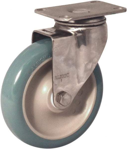 Albion - 5" Diam x 1-1/4" Wide x 6-3/16" OAH Top Plate Mount Swivel Caster - Antimicrobial Polyurethane over Polypropylene, 350 Lb Capacity, Delrin Bearing, 2-1/2 x 3-5/8" Plate - A1 Tooling