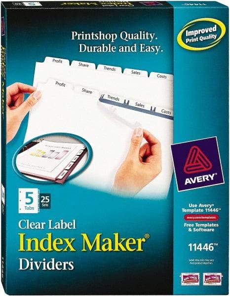 AVERY - 11 x 8-1/2" 5 Tabs, Three Hole Clear Plastic Reinforced Binder Holes, Tab Divider - Clear Tabs, White Folder - A1 Tooling