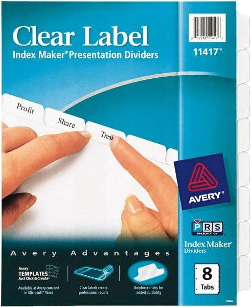 AVERY - 11 x 8-1/2" 8 Tabs, Three Hole Clear Plastic Reinforced Binder Holes, Tab Divider - Clear Tabs, White Folder - A1 Tooling