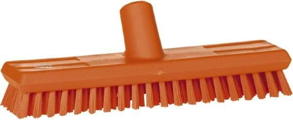 Vikan - 1" Bristle Length, Polyester Scrub Brush - 10-5/8" Long x 2-1/2" Wide Head, 11" OAL, European Threaded Handle, Orange, Polypropylene Block - A1 Tooling