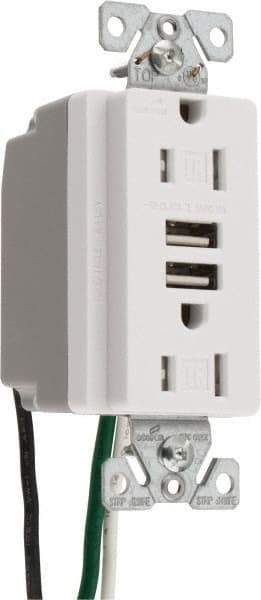 Cooper Wiring Devices - 2 USB Port, 2 Receptacle, 125 VAC, 5 VDC USB Receptacle - 5-15R NEMA Configuration, 15 Amp, White, 2.1 Amp Charging Power, Automatic Grounding, Screw Mount - A1 Tooling