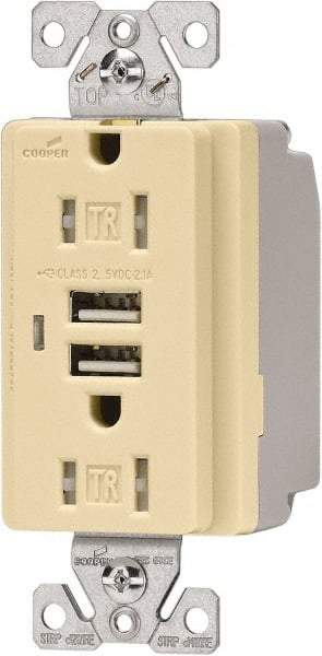 Cooper Wiring Devices - 2 USB Port, 2 Receptacle, 125 VAC, 5 VDC USB Receptacle - 5-15R NEMA Configuration, 15 Amp, Ivory, 2.1 Amp Charging Power, Automatic Grounding, Screw Mount - A1 Tooling