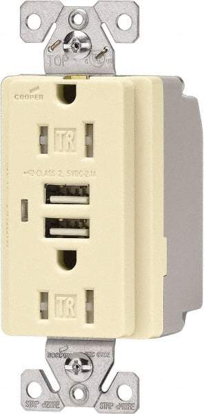 Cooper Wiring Devices - 2 USB Port, 2 Receptacle, 125 VAC, 5 VDC USB Receptacle - 5-15R NEMA Configuration, 15 Amp, Almond, 2.1 Amp Charging Power, Automatic Grounding, Screw Mount - A1 Tooling