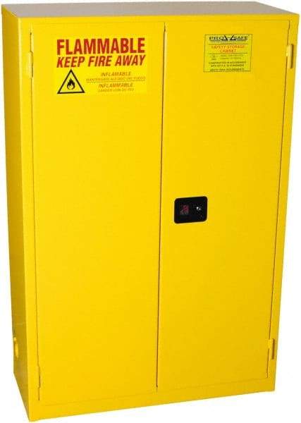 PRO-SAFE - 2 Door, 2 Shelf, Yellow Steel Standard Safety Cabinet for Flammable and Combustible Liquids - 65" High x 43" Wide x 18" Deep, Self Closing Door, 3 Point Key Lock, 45 Gal Capacity - A1 Tooling