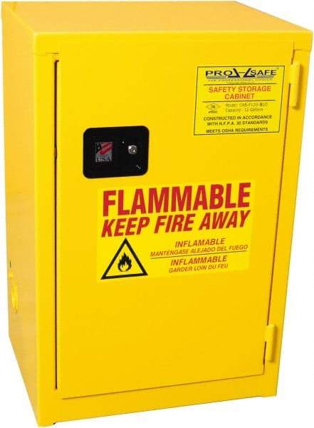 PRO-SAFE - 1 Door, 1 Shelf, Yellow Steel Space Saver Safety Cabinet for Flammable and Combustible Liquids - 35" High x 23" Wide x 18" Deep, Self Closing Door, 3 Point Key Lock, 12 Gal Capacity - A1 Tooling