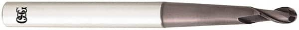 OSG - 3/32" Diam, 0.16" LOC, 2 Flute Solid Carbide Ball End Mill - TiAlN Finish, Single End, 3" OAL, 1/4" Shank Diam, Spiral Flute - A1 Tooling