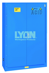 Acid Storage Cabinet - #5545 - 43 x 18 x 65" - 45 Gallon - w/2 shelves, three poly trays, bi-fold self-closing door - Blue Only - A1 Tooling