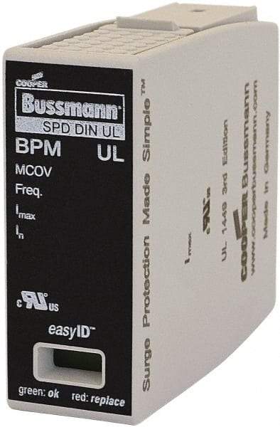 Cooper Bussmann - 1 Pole, 1 Phase, 20 kA Nominal Current, 90mm Long x 18mm Wide x 65mm Deep, Thermoplastic Hardwired Surge Protector - DIN Rail Mount, 125 kA Short Circuit Current, 347 VAC, 600 VAC Operating Voltage, 40 kA Surge Protection - A1 Tooling