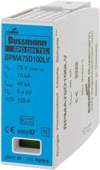 Cooper Bussmann - 1 Pole, 1 Phase, 10 kA Nominal Current, 90mm Long x 18mm Wide x 65mm Deep, Thermoplastic Hardwired Surge Protector - DIN Rail Mount, 100 VDC, 75 VAC, 100 VDC, 75 VAC Operating Voltage, 40 kA Surge Protection - A1 Tooling