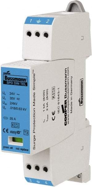 Cooper Bussmann - 2 Pole, 1 Phase, 1 kA Nominal Current, 90mm Long x 18mm Wide x 66mm Deep, Thermoplastic Hardwired Surge Protector - DIN Rail Mount, 48 VAC/VDC, 60 VAC/VDC Operating Voltage, 2 kA Surge Protection - A1 Tooling