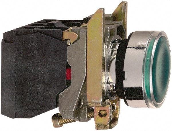 Schneider Electric - 22mm Mount Hole, Flush, Pushbutton Switch with Contact Block - Round, Green Pushbutton, Illuminated, Momentary (MO) - A1 Tooling