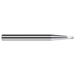 Ball End Mill: 0.062″ Dia, 0.05″ LOC, 2 Flute, Solid Carbide 2″ OAL, 3/16″ Shank Dia, 45 ° Helix, TiB2 Coated, Single End