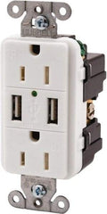 Hubbell Wiring Device-Kellems - 2 USB Port, 2 Receptacle, 125 VAC, 5 VDC USB Receptacle - 5-15R NEMA Configuration, 15 Amp, White, 3.8 Amp Charging Power, Screw Mount - A1 Tooling