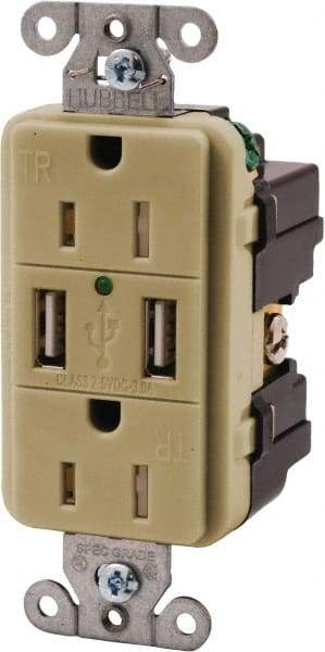 Hubbell Wiring Device-Kellems - 2 USB Port, 2 Receptacle, 125 VAC, 5 VDC USB Receptacle - 5-15R NEMA Configuration, 15 Amp, Ivory, 3.8 Amp Charging Power, Screw Mount - A1 Tooling